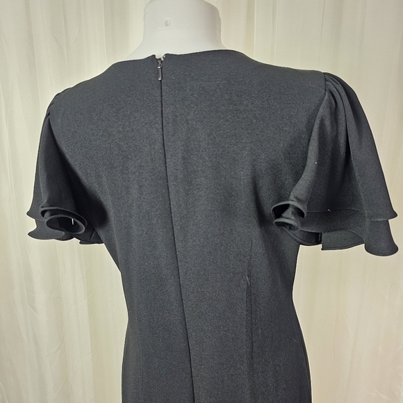 Vintage Neiman Marcus black faux wrap dress rhinestone button ruffle sleeves 10 - Picture 9 of 11
